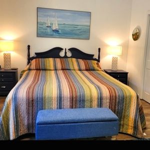 California King reversible bedspread multicolor and blues.